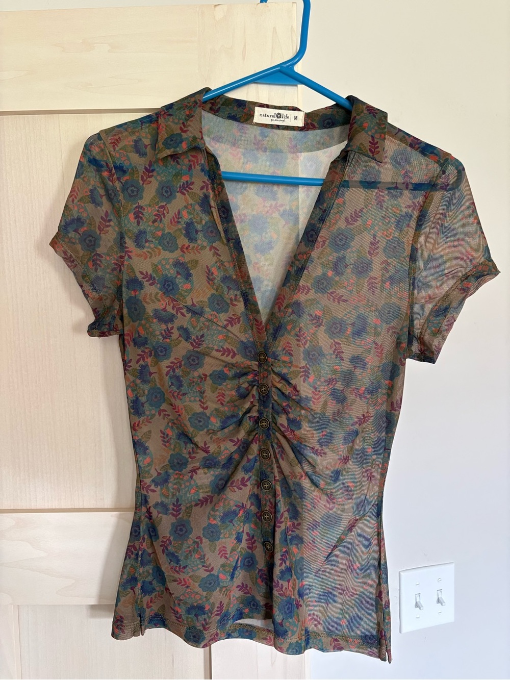 NATURAL LIFE Green Floral Sheer Button-Front Mesh Top